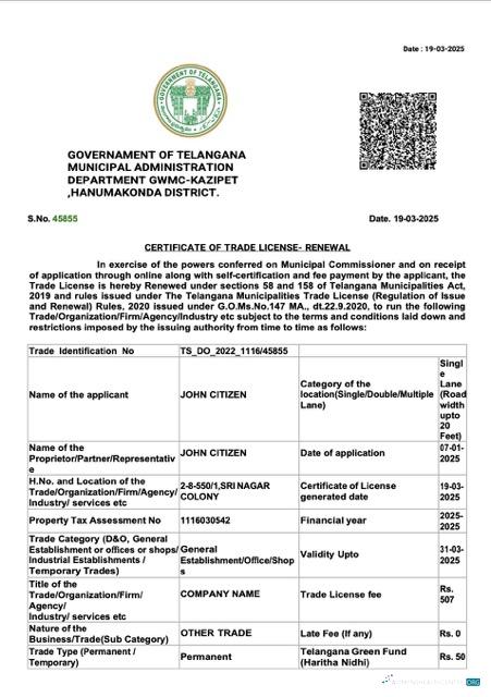 Download India Telangana certificate of trade license Word and PDF template Photoshop template